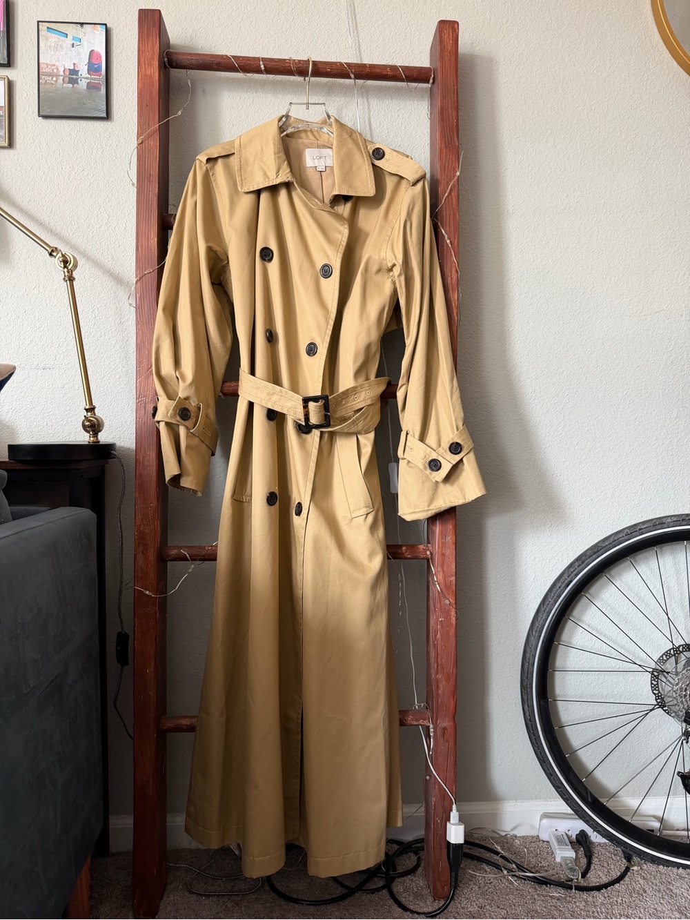 NWOT LOFT Classic Tan Trench Coat - Women's Long Double-Breasted Belted Trench - Picture 6 of 13